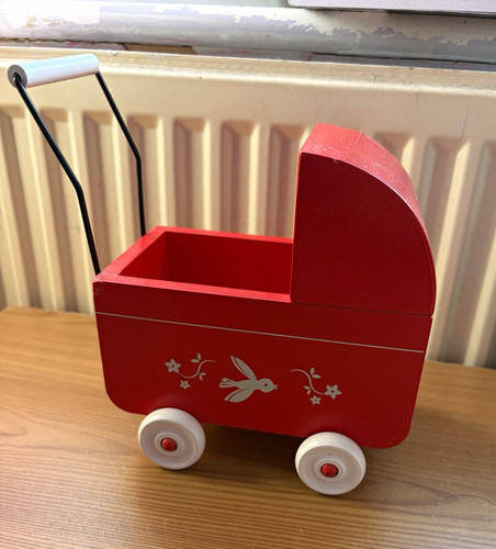 Red wooden doll pram - red,