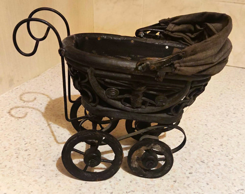 Black metal doll pram - doll,